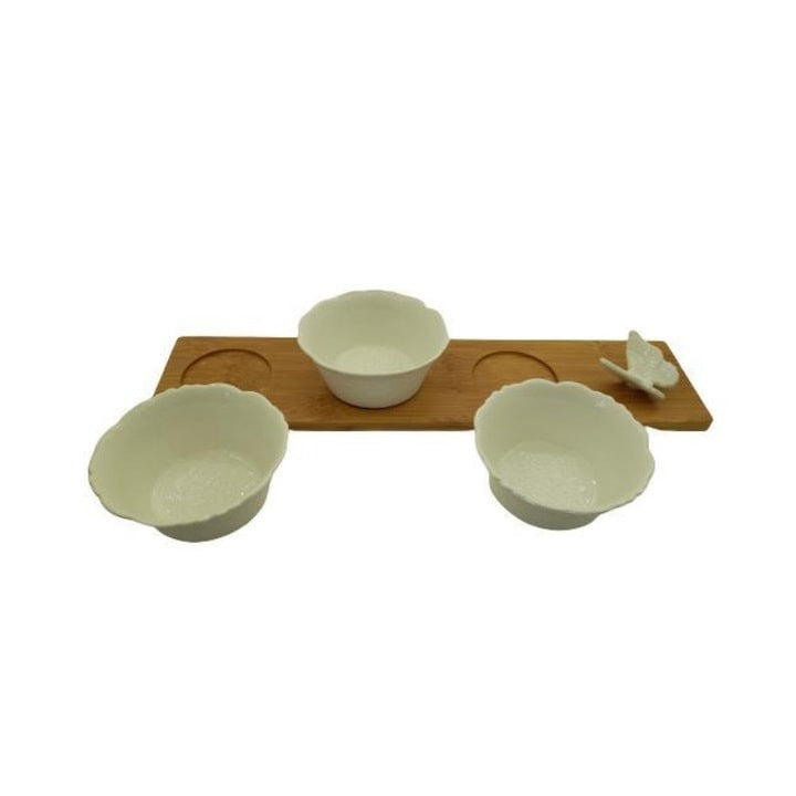 Set Boluri Albe Ceramice,Fluture , pe Suport Bambus