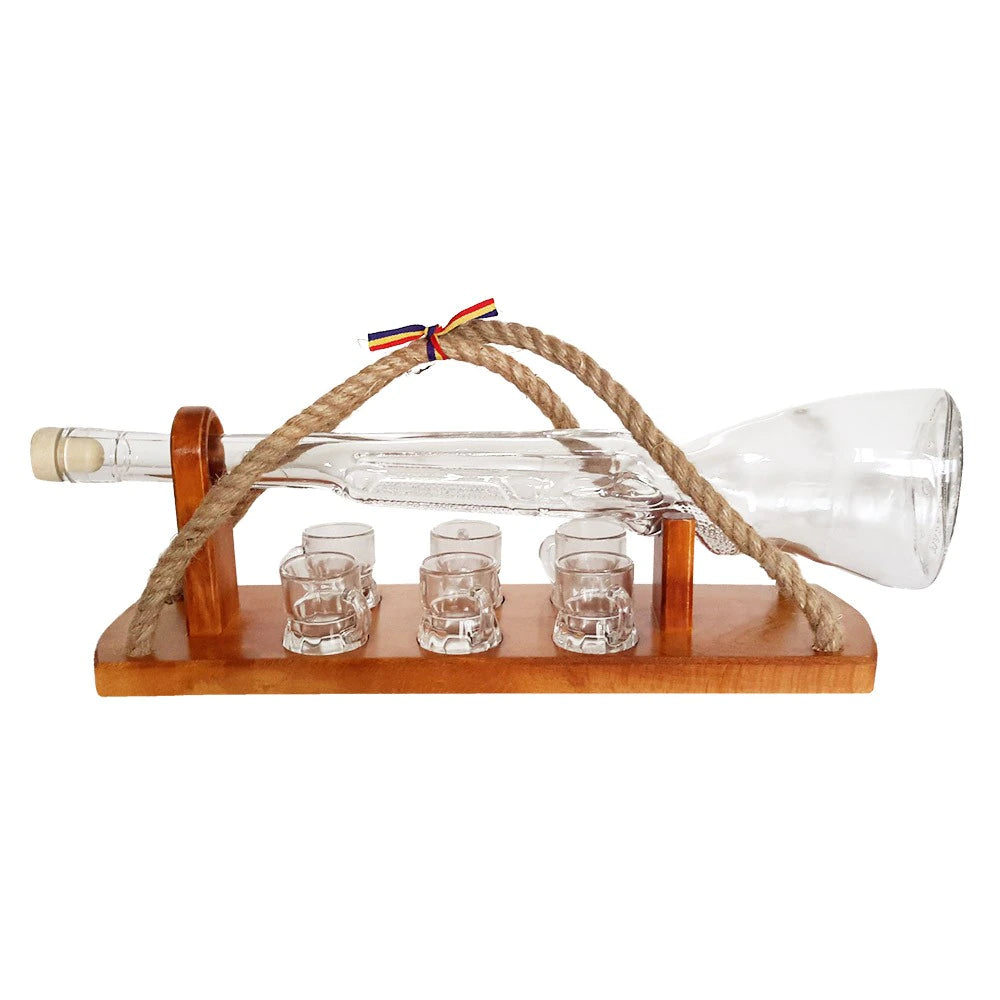 Minibar din Lemn cu sticla in forma de Pusca si 6 pahare