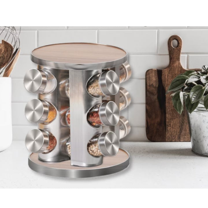 Set suport condimente rotativ si 12 recipiente, Gri/Maro , 23x19.5 cm