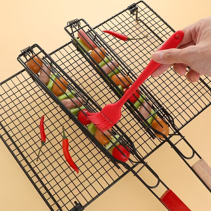 Ustensila de gratar/cos pentru kebab din fier ,maner din lemn, reutilizabil, non-aderent, portabil