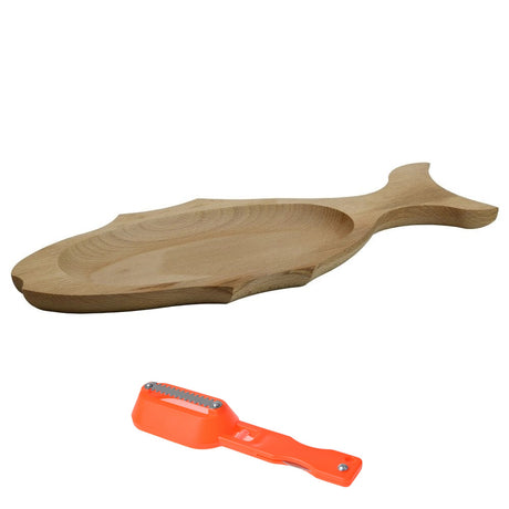 Pachet - Platou Peste, tava de servire, lemn masiv rustic, 46 x 18 cm si Curatator Special pentru Solzii de Peste