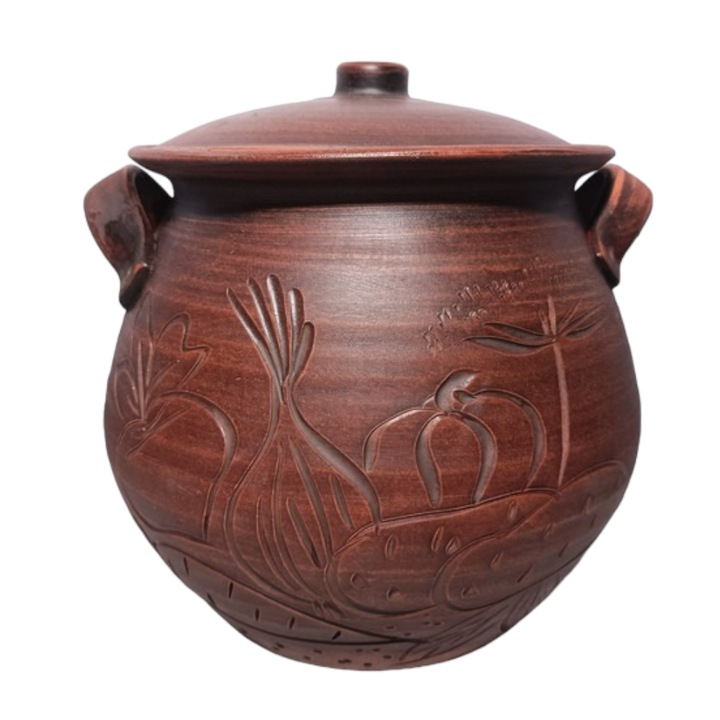 Oala pentru cuptor cu Manere si Capac din Angob, Lut Rosu, 5 l, 19x23 cm