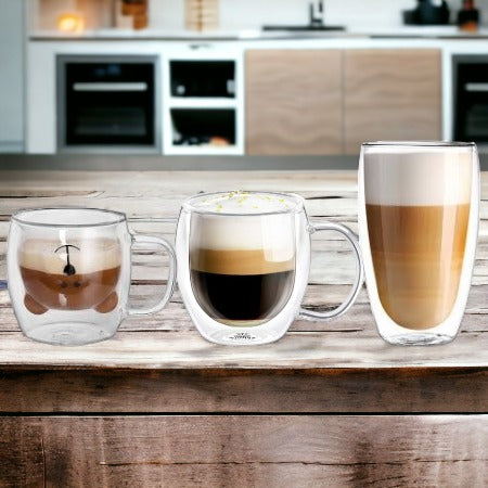 Set Cani Familie, Pereti Dubli, Sticla Termorezistenta - Cana Ursulet 260ml + Cana Cafea 350ml ST 1+ Pahar Latte 450 ml ST 3