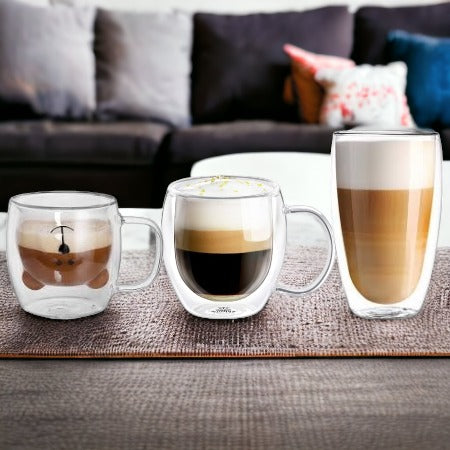 Set Cani Familie, Pereti Dubli, Sticla Termorezistenta - Cana Ursulet 260ml + Cana Cafea 350ml  ST 1+ Pahar Latte  450 ml ST 3