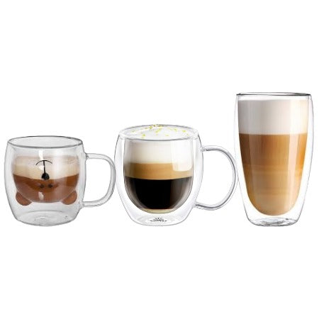 Set Cani Familie, Pereti Dubli, Sticla Termorezistenta - Cana Ursulet 260ml + Cana Cafea 350ml ST 1+ Pahar Latte 450 ml ST 3