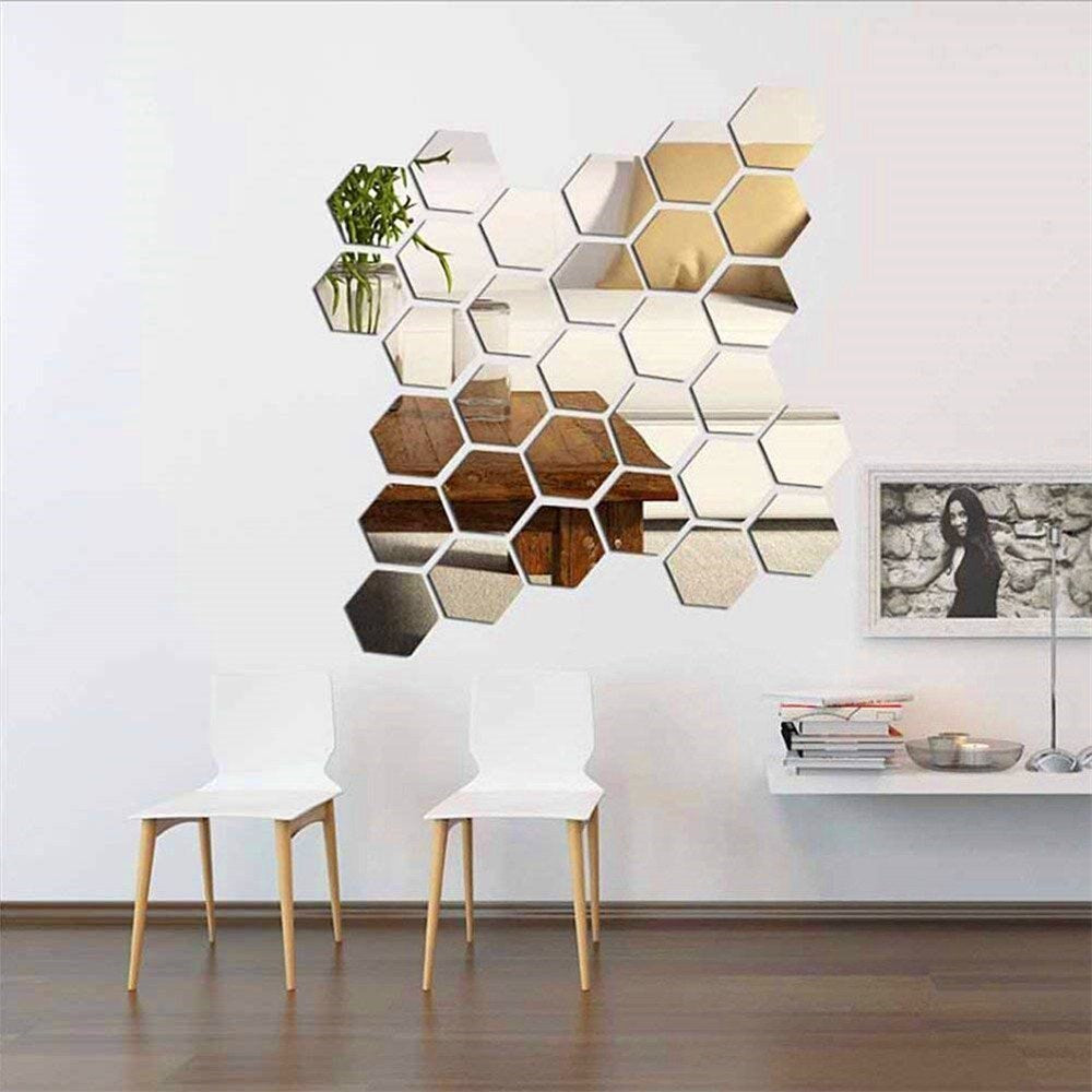 Oglinzi Decorative Hexagonale tip Fagure Hexagon pentru Baie Bucatarie si Living - 4 Bucati/set, 16x32 cm