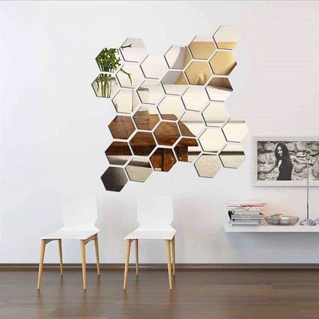 Oglinzi Decorative Hexagonale tip Fagure Hexagon pentru Baie Bucatarie si Living - 4 Bucati/set, 16x32 cm