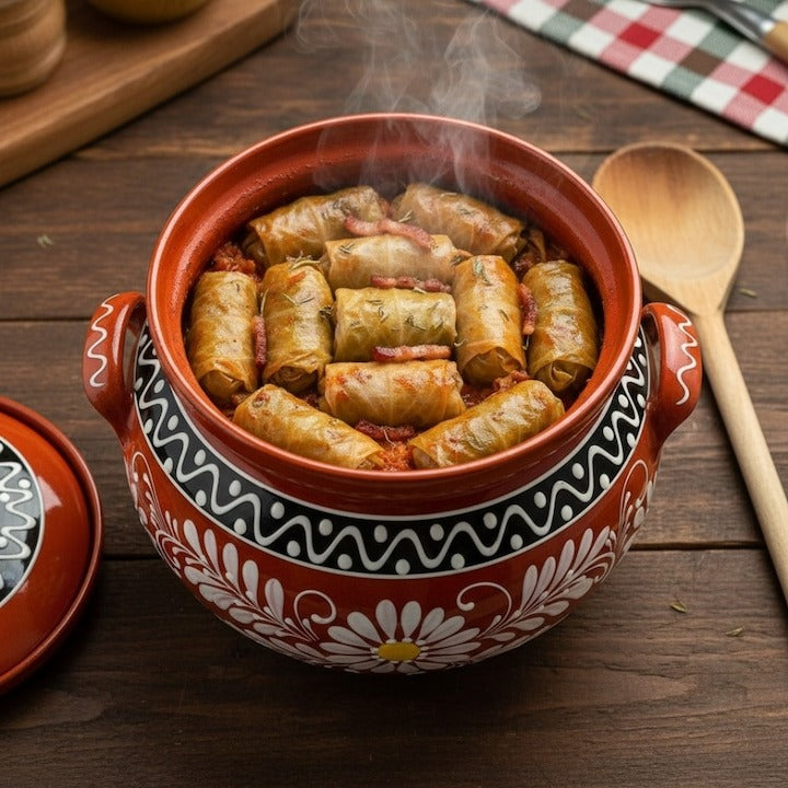 Oala de lut traditionala, maro, cu capac, Pictata Manual, pentru gatit la cuptor