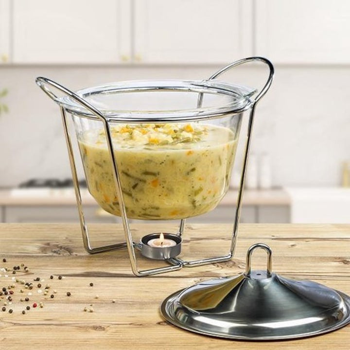 Supiera din Sticla cu Suport in Otel Inoxidabil, Argintiu ,4.2 l