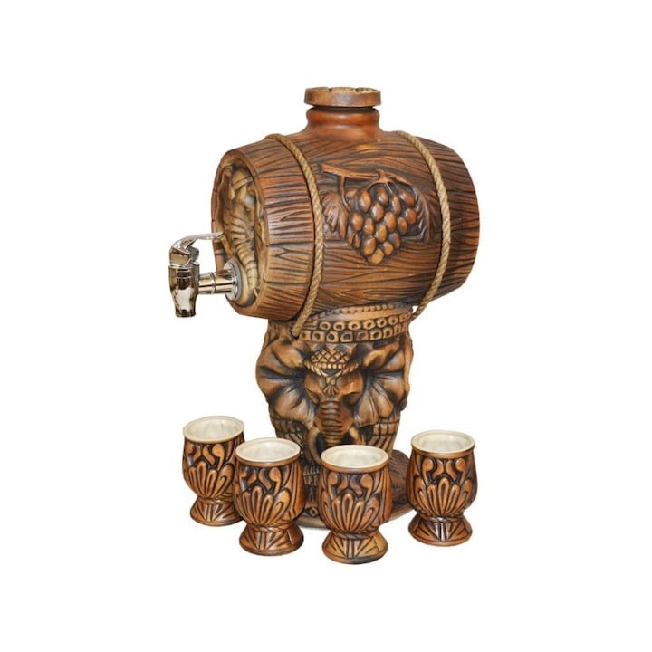 Set din ceramica Elefant, cu butoi pentru vin si patru pahare, Maro , 3.2 Litri