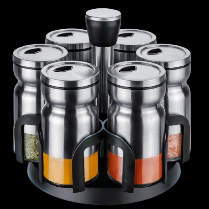 Set de condimente BRIO Metallica, Pe suport rotativ, 6 borcane