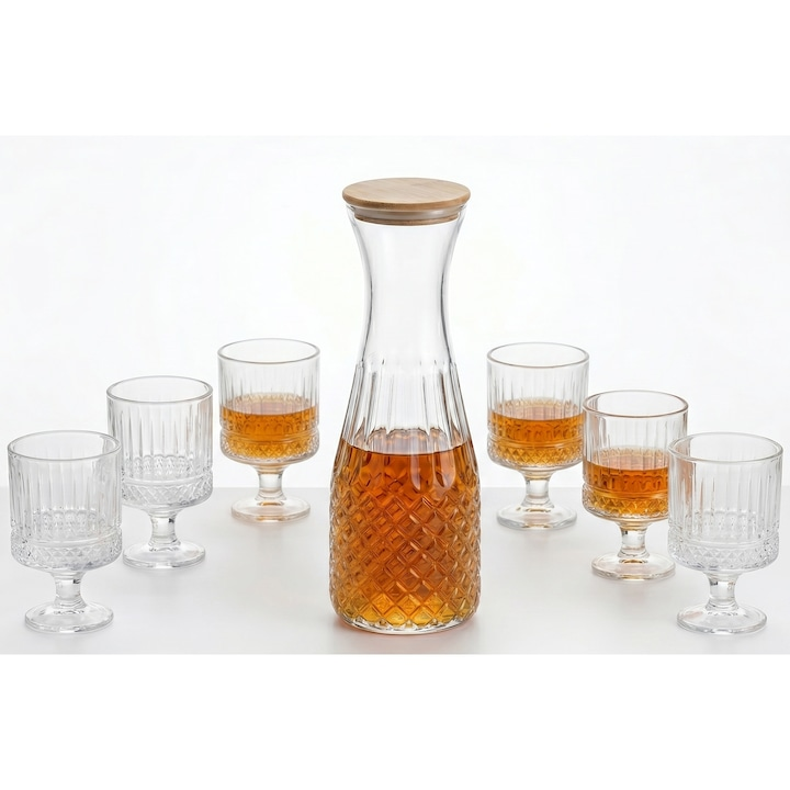 Set Carafa 1.2 L ,capac bambus si 6 Pahare cu Picior pentru Limonada, Tarie sau Suc 200ml, Transparent