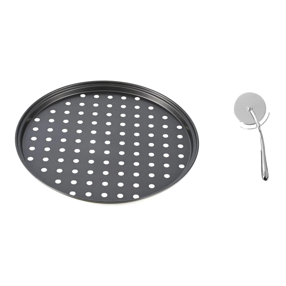 Pachet - Tava perforata pentru pizza, Metal, 29x2 cm si Feliator Pizza cu Maner Metalic, 18x7 cm