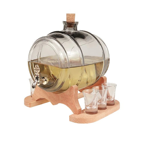 Butoi, din sticla, cu robinet, pe suport de lemn, set 6 pahare, 5 L