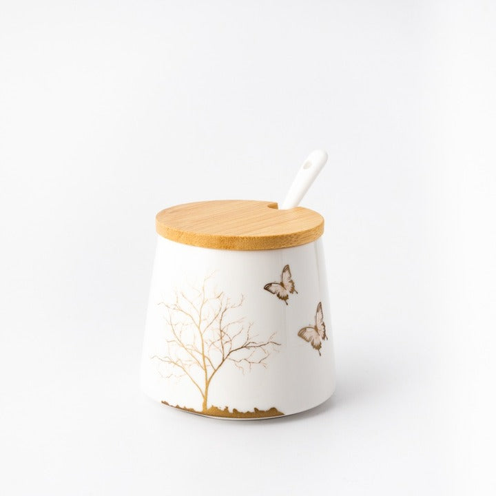 Set 3 Recipiente pentru Condimente,Tavita si Lingurite din Portelan, cu Capac din Bambus