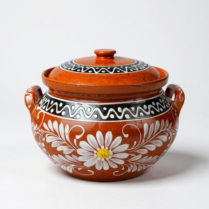 Oala de lut traditionala, maro, cu capac, Pictata Manual, pentru gatit la cuptor
