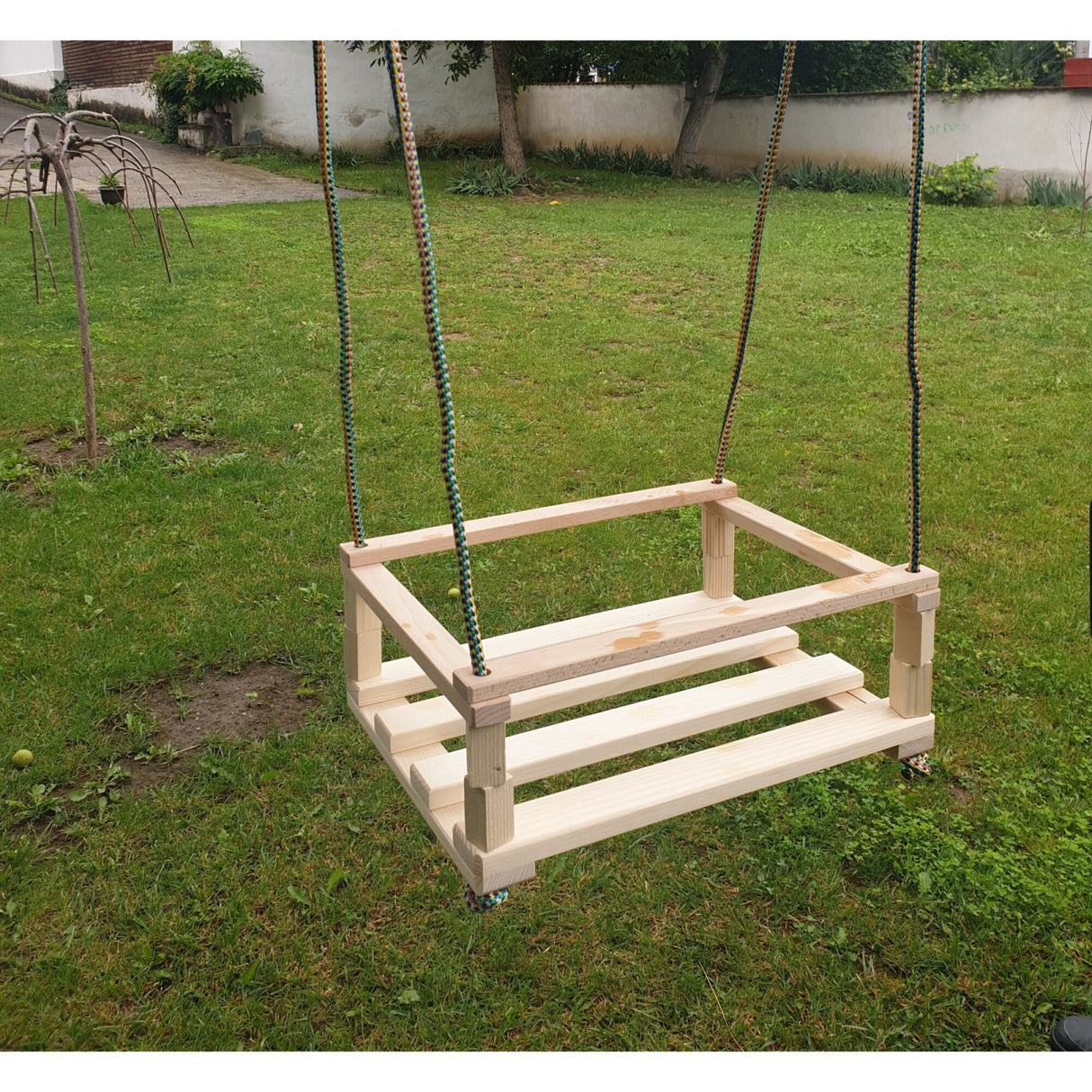 Leagan din Lemn Masiv, cu Protectie pentru Copii Mici ,cu Franghie, 145 cm