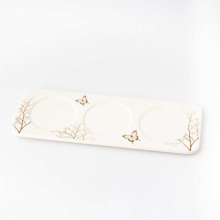 Set 3 Recipiente pentru Condimente,Tavita si Lingurite din Portelan, cu Capac din Bambus