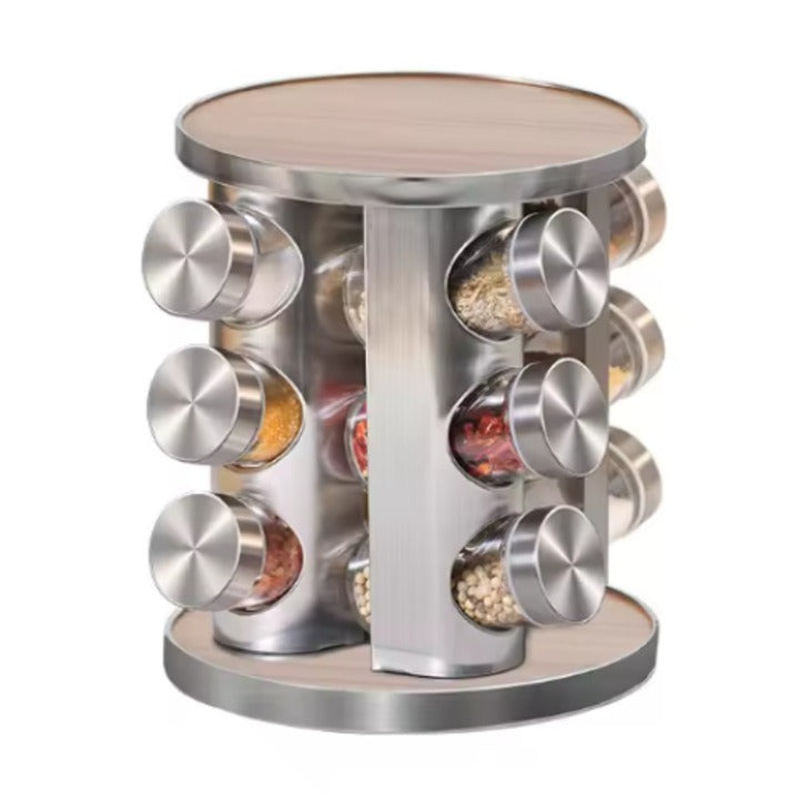 Set suport condimente rotativ si 12 recipiente, Gri/Maro , 23x19.5 cm