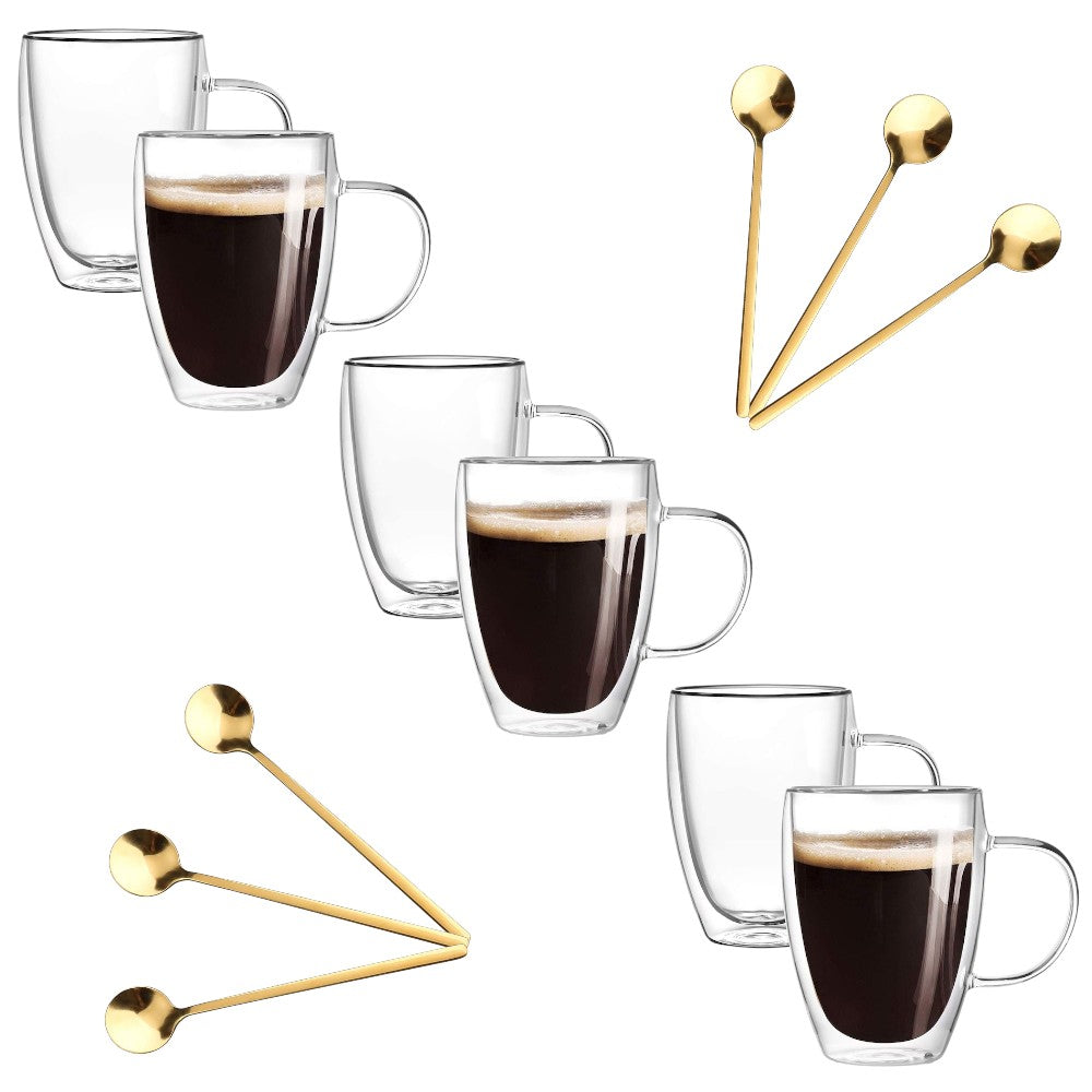Set 6 Cani cu Pereti Dubli, Sticla Termorezistenta, 350 ml ST2 + 6 Lingurite Aurii
