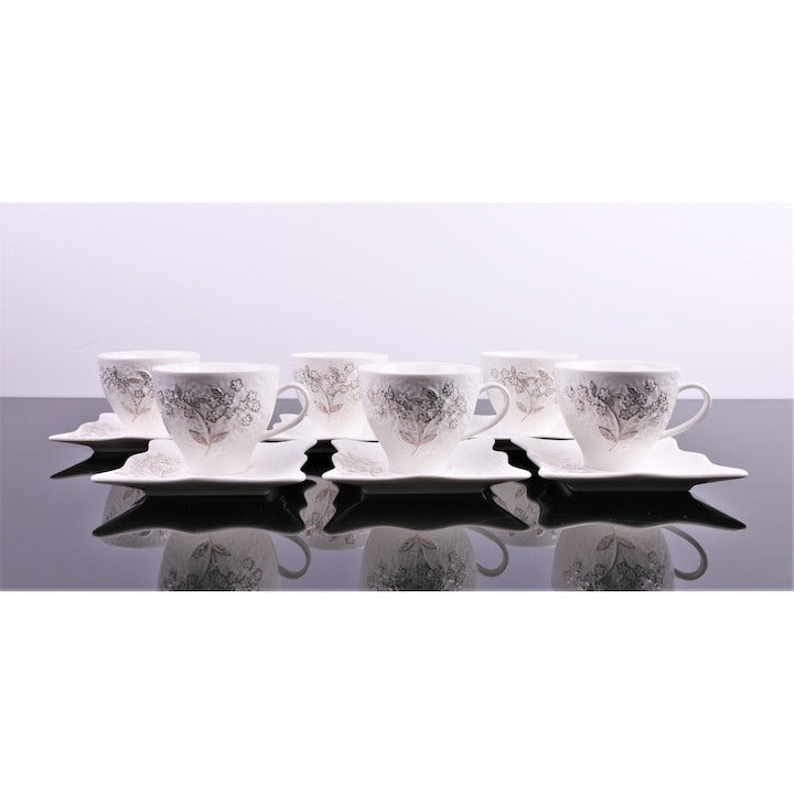 Set 6 cesti de 160 ml cu 6 farfurioare,Portelan, design in relief