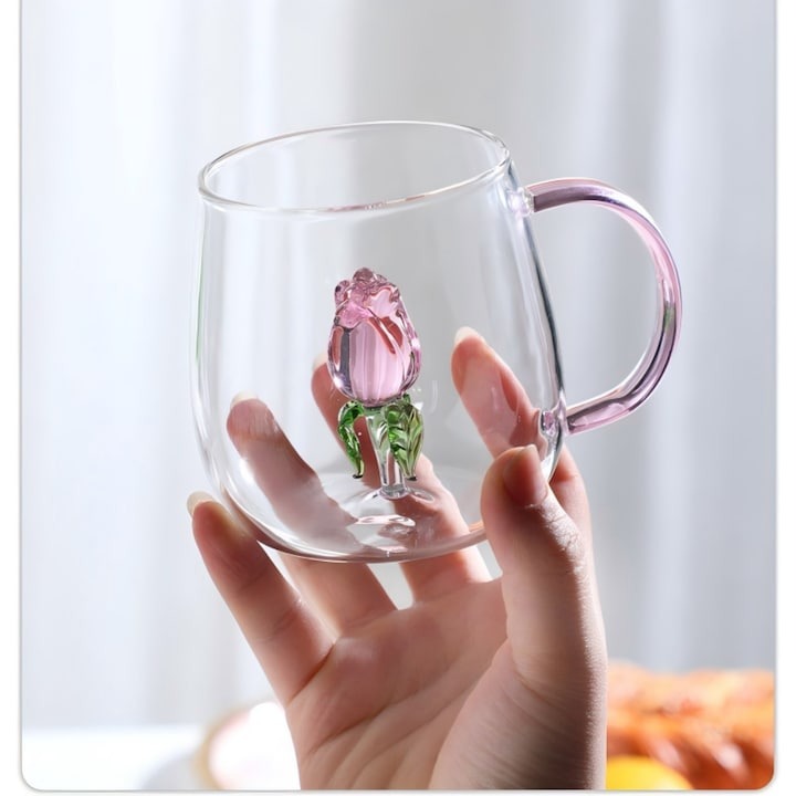 Cana din sticla borosilicata, Trandafir 3D , 350 ml