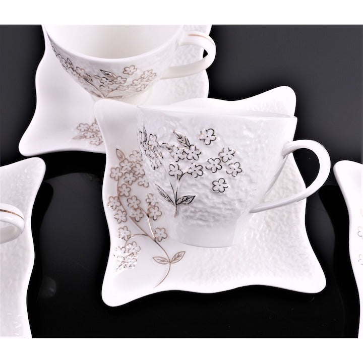 Set 6 cesti de 160 ml cu 6 farfurioare,Portelan, design in relief