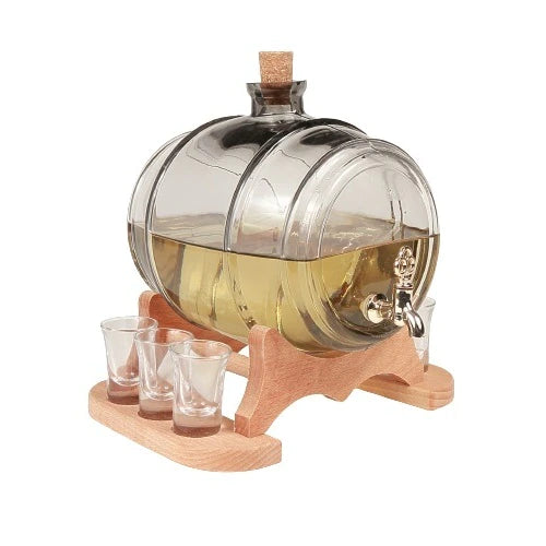 Butoi, din sticla, cu robinet, pe suport de lemn, set 6 pahare, 5 L