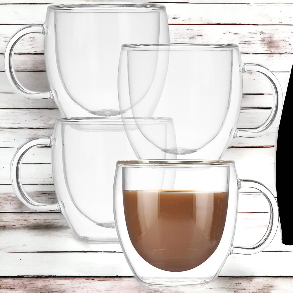 Set 4 cani cu Pereti Dubli, Sticla Termorezistenta, 250ml ST1