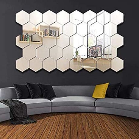 Oglinzi Decorative Hexagonale tip Fagure Hexagon pentru Baie Bucatarie si Living - 4 Bucati/set, 16x32 cm