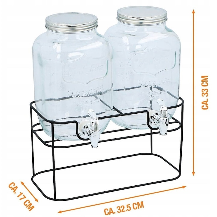 Set 2 borcane cu robinet 4L,suport metalic, 33x17x37.5cm