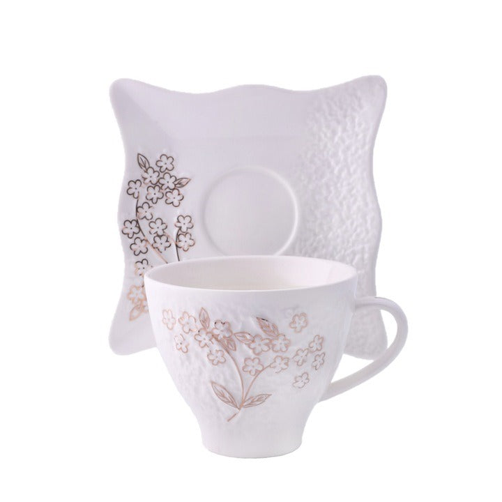 Set 6 cesti de 160 ml cu 6 farfurioare,Portelan, design in relief