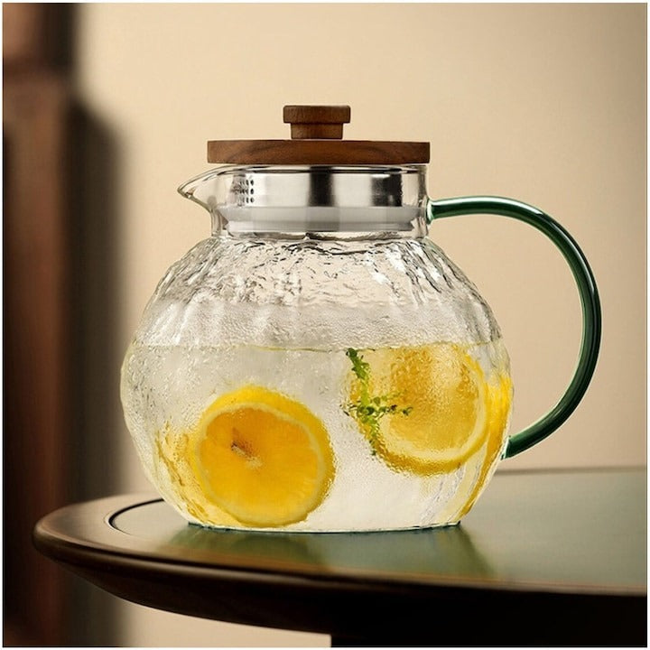 Set Ceainic cu Capac Lemn 1.4 litri si 2 Cani din Sticla Rezistenta 300 ml