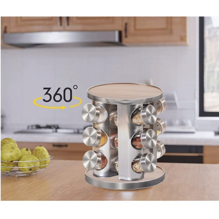 Set suport condimente rotativ si 12 recipiente, Gri/Maro , 23x19.5 cm