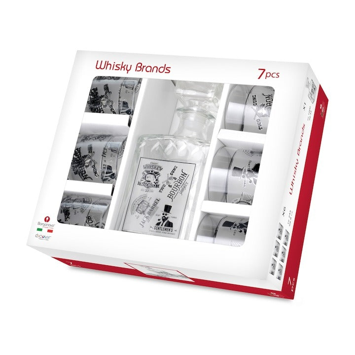 Set 7 piese whisky brands, 1 decantor + 6 pahare