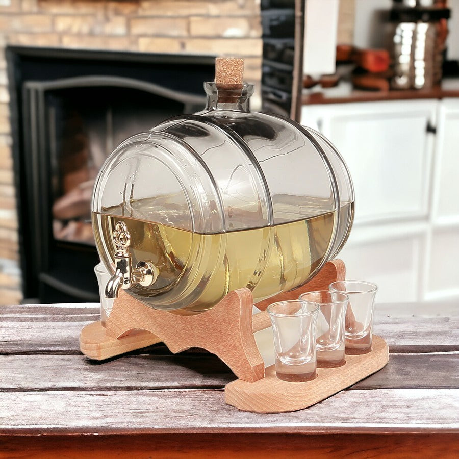 Set Butoi si 6 pahare 50 ml, din sticla, cu robinet, pe suport de lemn