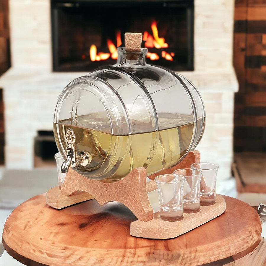 Set Butoi si 6 pahare 50 ml, din sticla, cu robinet, pe suport de lemn