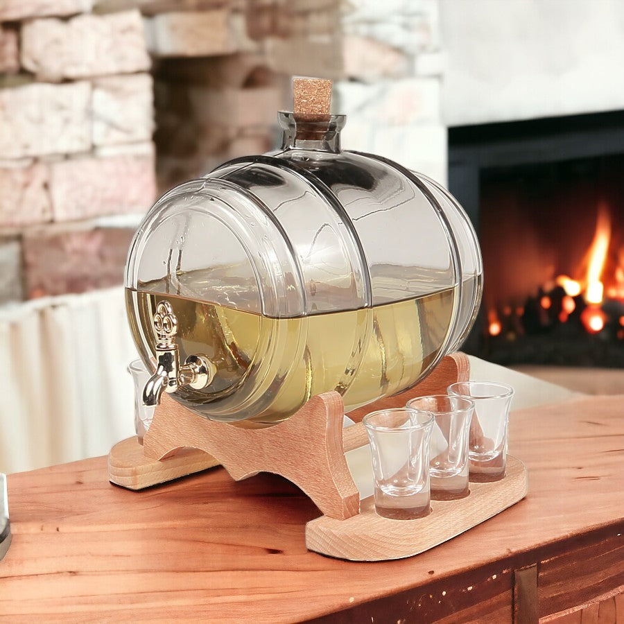 Set Butoi si 6 pahare 50 ml, din sticla, cu robinet, pe suport de lemn