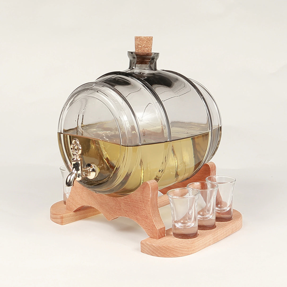 Butoi, din sticla, cu robinet, pe suport de lemn, set 6 pahare, 5 L