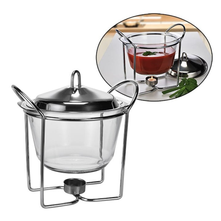 Supiera din Sticla cu Suport in Otel Inoxidabil, Argintiu ,4.2 l