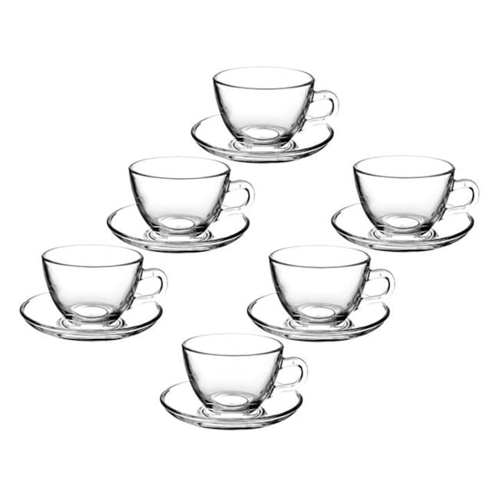 Set 6 Cesti Cafea din Sticla Transparente si Farfurii, Model