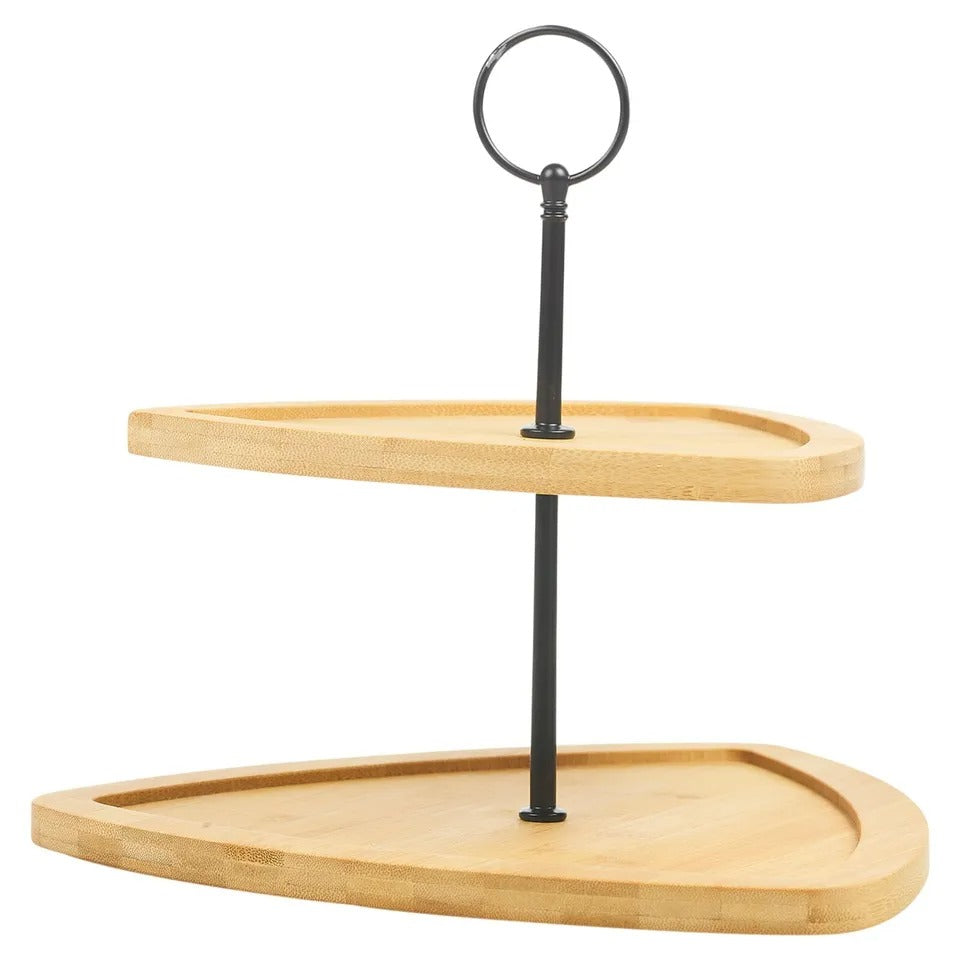 Suport de servire, cu 2 etaje, Lemn de bambus/Metal, Negru/Natural, 25 x 25 x 23.5 cm