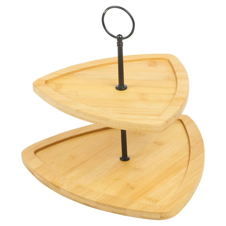 Suport de servire, cu 2 etaje, Lemn de bambus/Metal, Negru/Natural, 25 x 25 x 23.5 cm