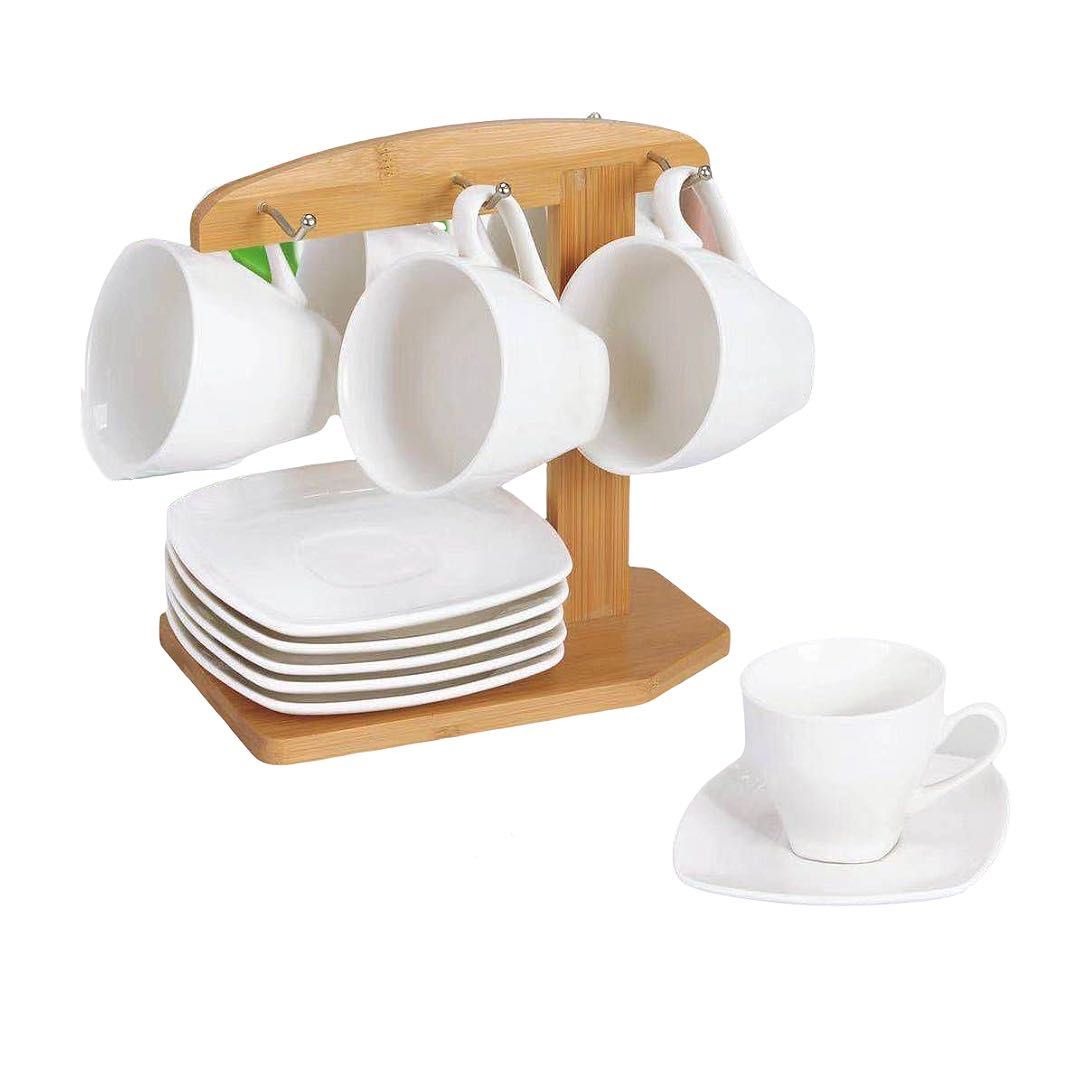 Set 6 Cesti 220 ml si 6 Farfurii portelan pe Suport de Bambus