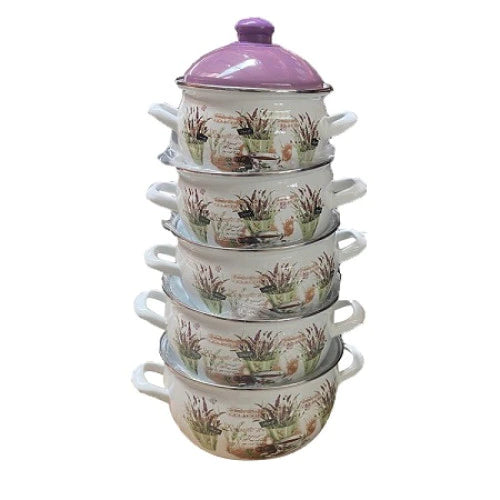 Set Lavanda - Fata de masa 150x160 cm, Set 5 Oale Cu Capac Emailate, Alb cu Imprimeu, Savasan