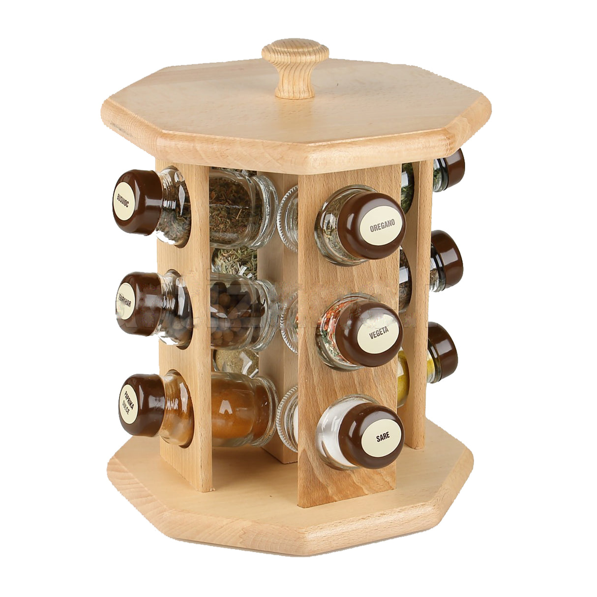 Set 12 Recipiente Condimente, Suport Rotativ Din Lemn