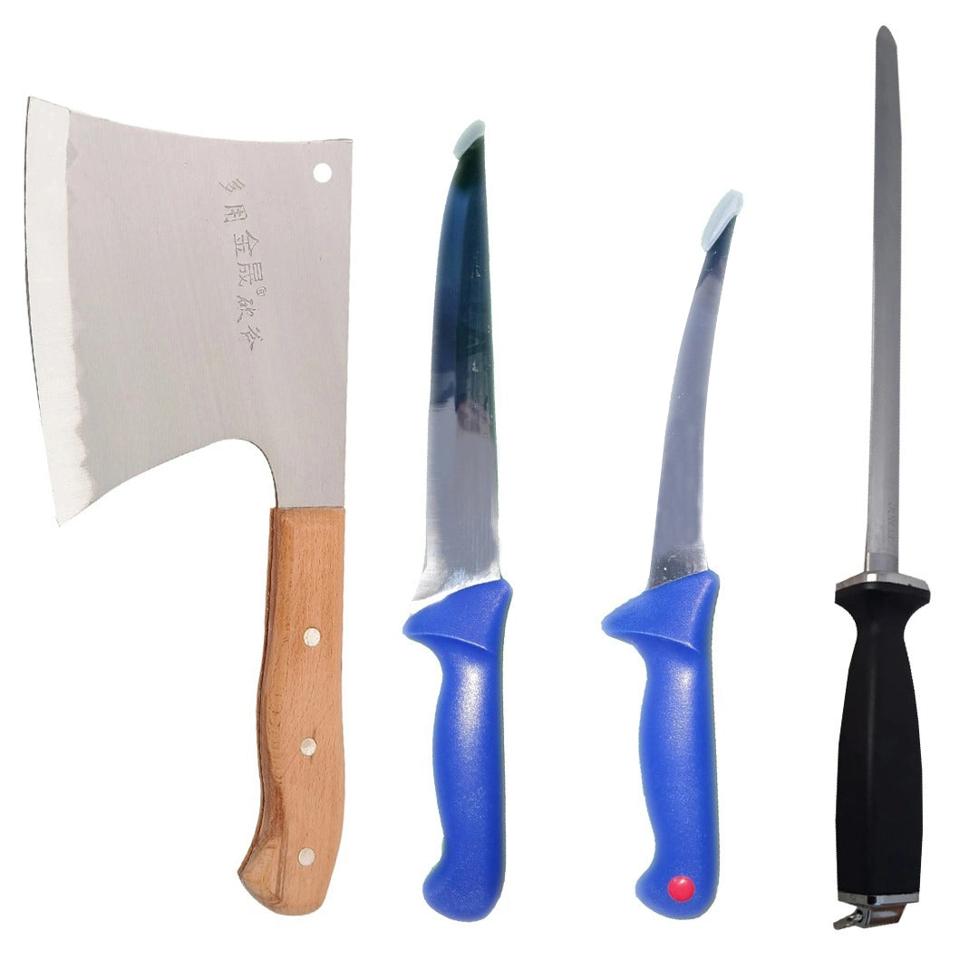 Set 2 cutite calitate Germana, Satar pentru spart oase, Masat pentru ascutit, Otel inoxidabil