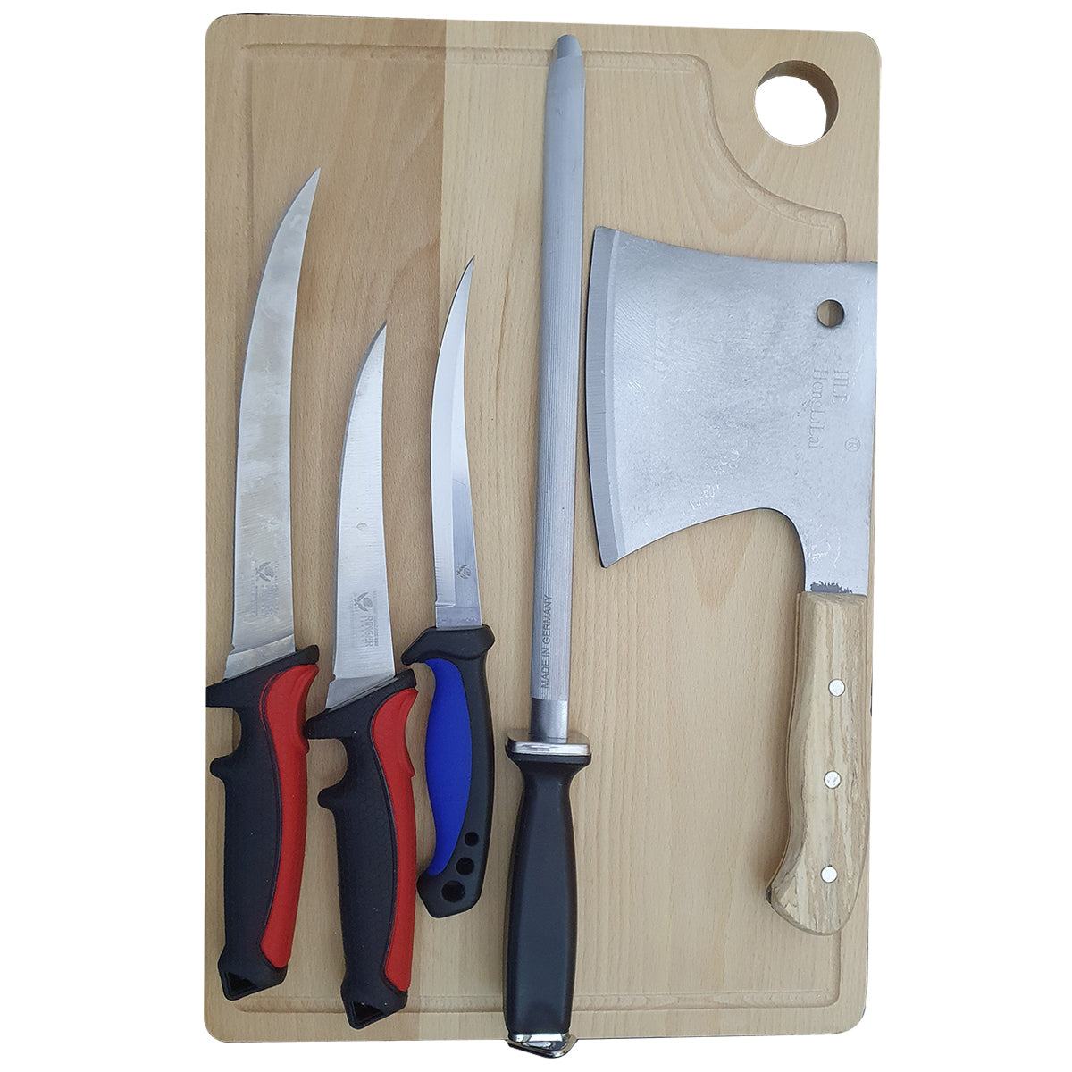 Set 3 cutite Macelarie cu teaca, Satar cu maner din lemn si Masat