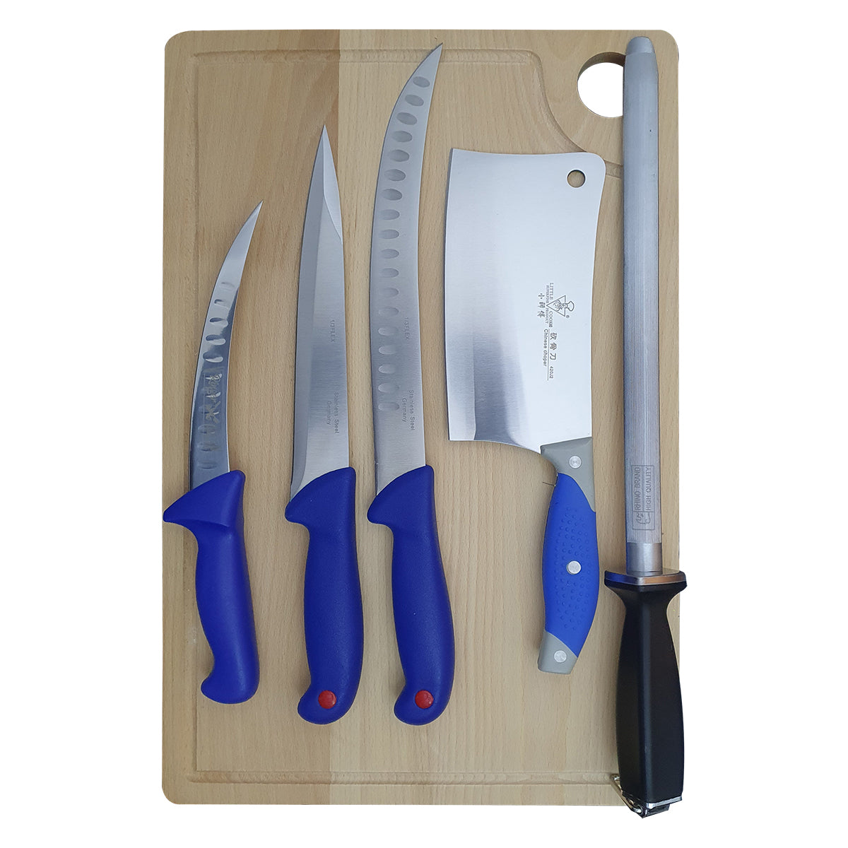 Set 3 cutite Macelarie, Masat pentru Ascutit Cutitele si Satar