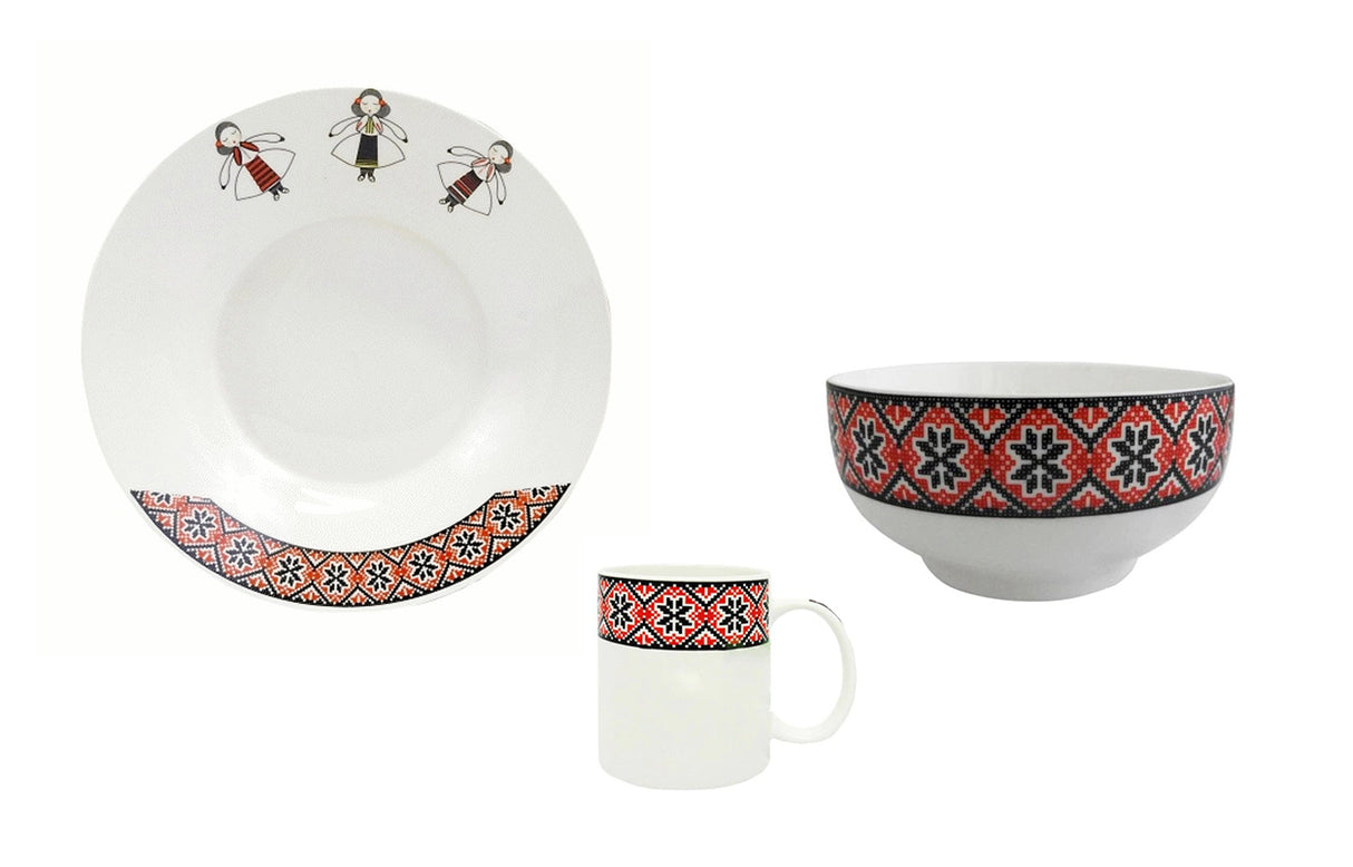 Set 3 piese, 1 farfurie intinsa rotunda, 1 cana, 1 bol, Model traditional, Portelan